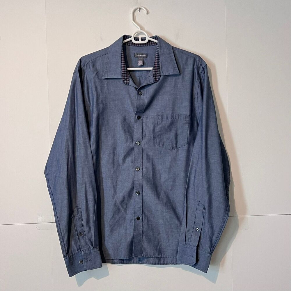 Van Heusen Mens Shirt Size L Grey Soft Plaid Collar Long Sleeve Button Up